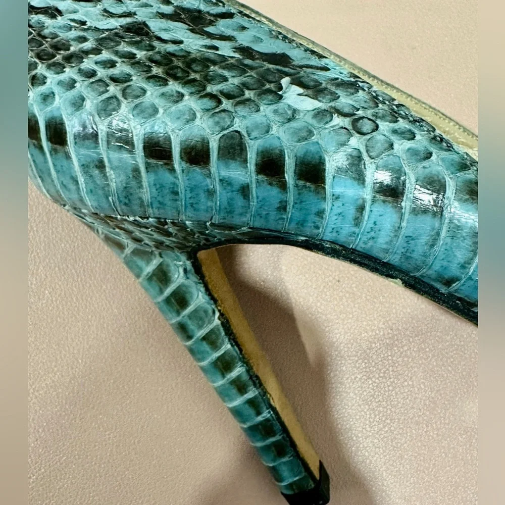 Manolo Blahnik Teal Snake-Print Open-Toe Stiletto Heels - Picture 7 of 10